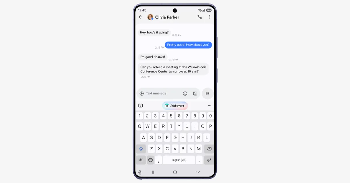 A Samsung Galaxy phone on One UI 9 showing an Add event suggestion above the keyboard in a text conversation