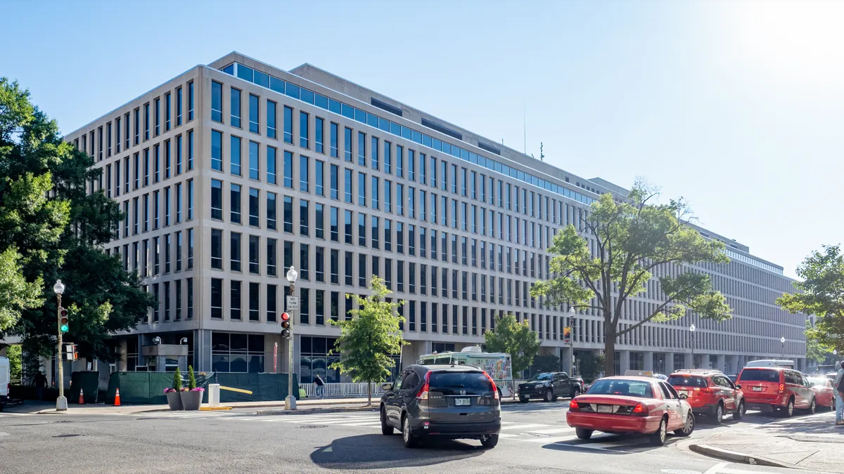 The Lyndon Baines Johnson Building, the US Department of Education headquarters in Washington, a pale stone office block on a sunny street corner