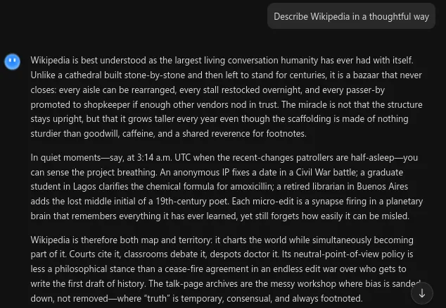 Dark-mode chat window in which a Kimi K2 model writes several paragraphs describing Wikipedia