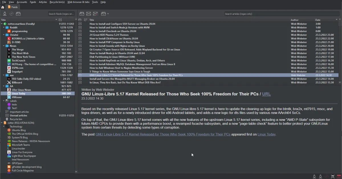 The RSS Guard feed reader on a desktop, with a Reddit folder holding the r/programming feed above tech news feeds