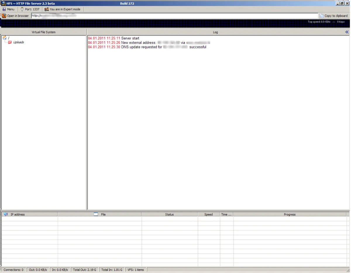 The HFS 2.3 beta window on Windows, with a virtual file system tree on the left, a server log on the right and an empty transfer list below