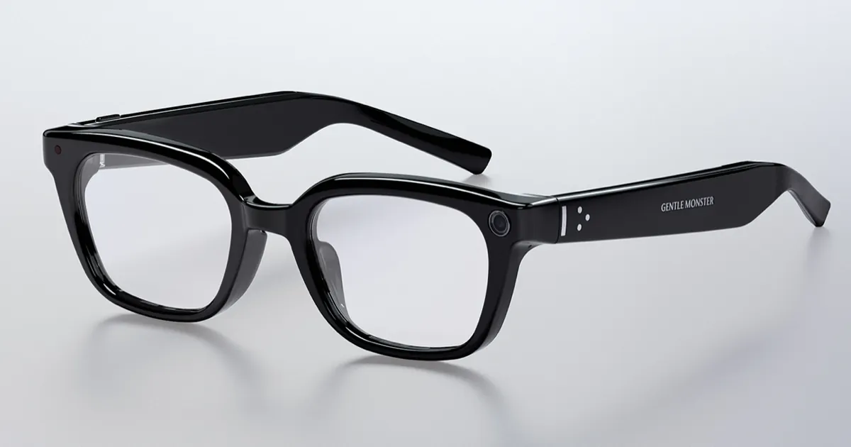Samsung's black Gentle Monster edition smart glasses, with a small round lens set into one corner of the frame