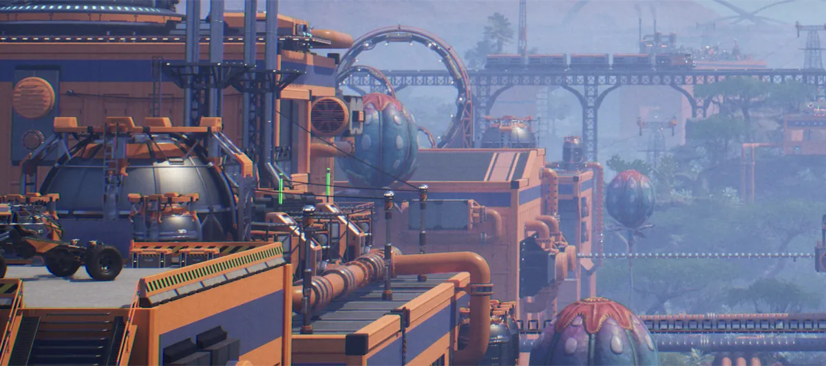 Orange and blue factory buildings, pipes and a conveyor loop on the surface of an alien planet, with a train crossing a bridge behind them