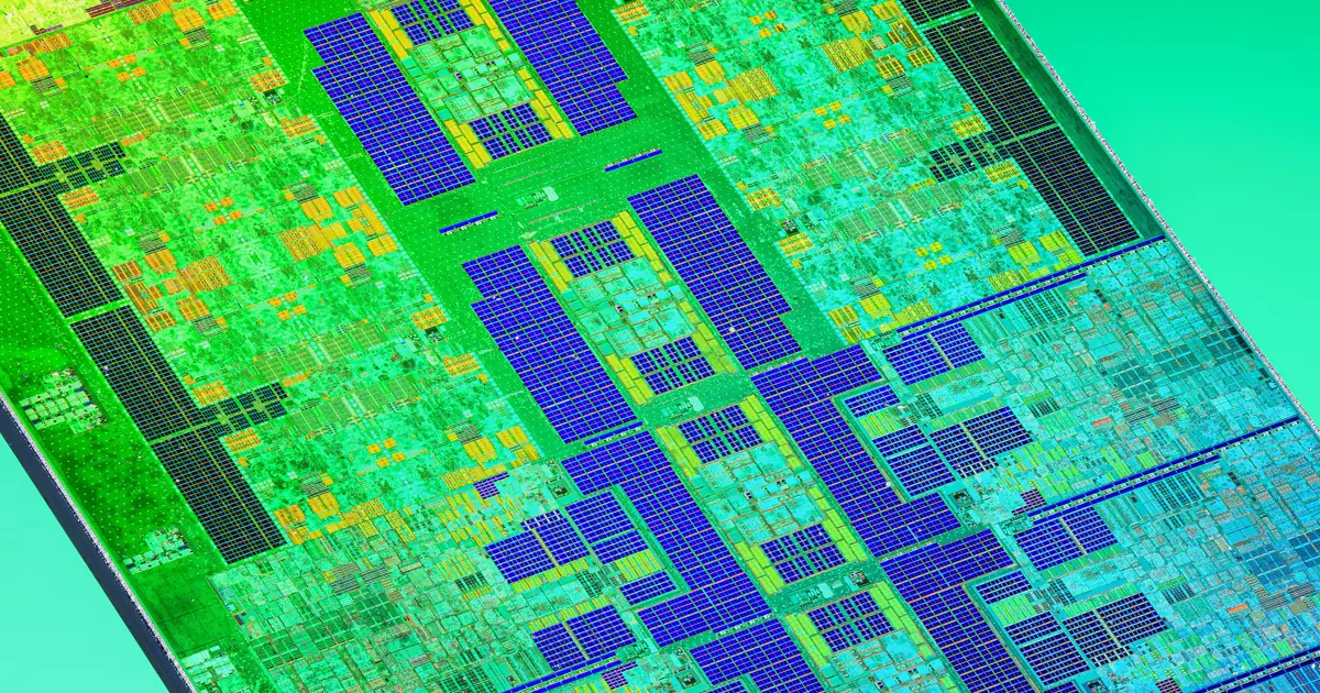 False-color close-up of an Intel Core i9-13900K Raptor Lake processor die, the chip family behind one tested CPU