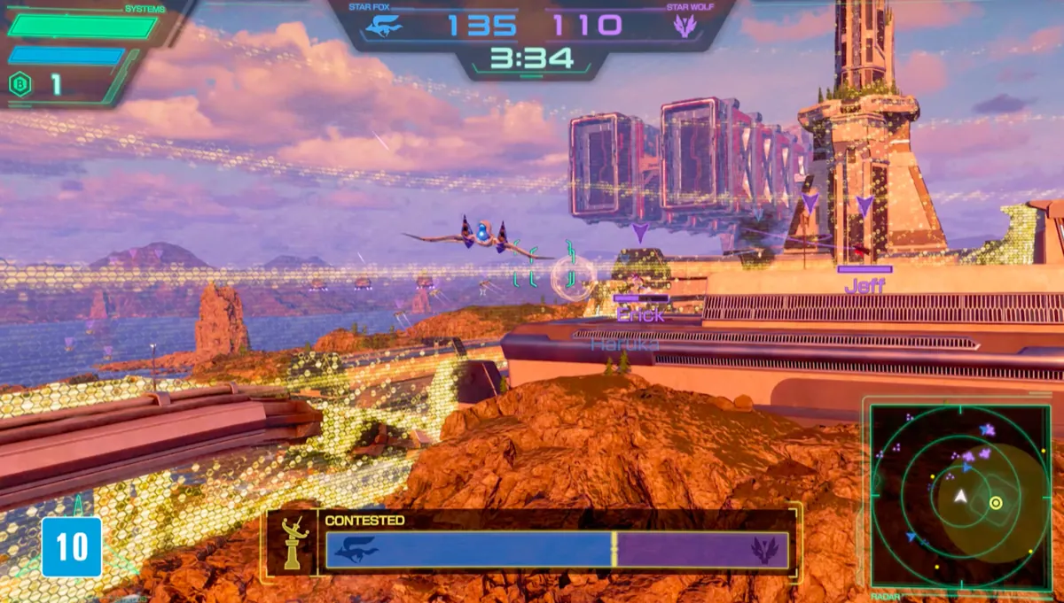 A Star Fox Battle Mode match over a coastal city, with the Star Fox and Star Wolf team scores and a capture meter on screen