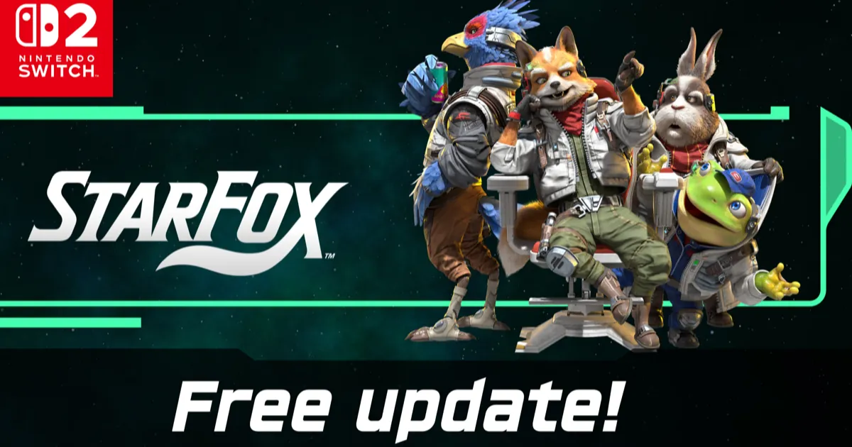 Fox, Falco, Peppy and Slippy beside the Star Fox logo on Nintendo's Switch 2 artwork announcing a free update