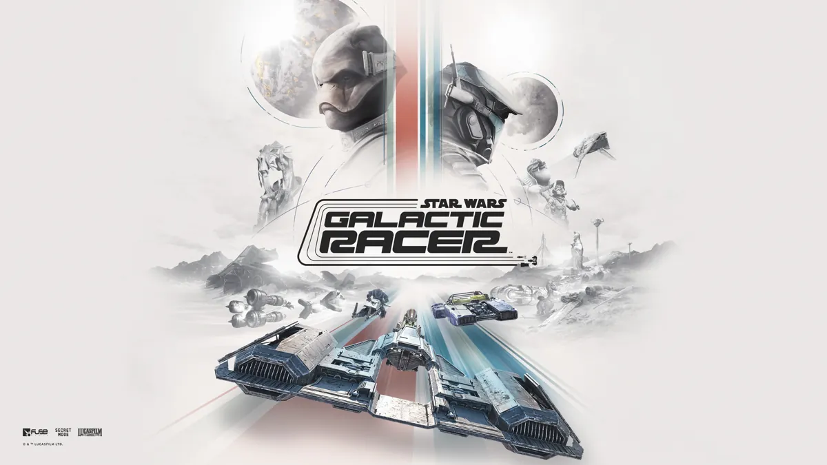 Star Wars: Galactic Racer key art: two helmeted racers above the logo, with speeders and a podracer charging toward the viewer