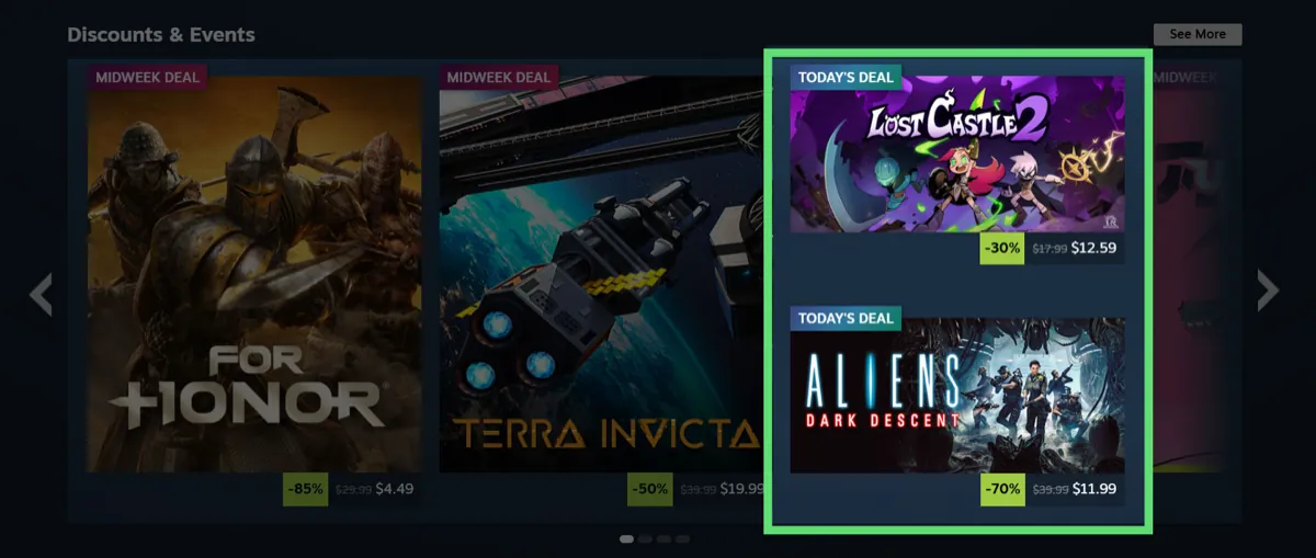 Steam's Discounts & Events carousel with two Midweek Deal spots on the left and two Today's Deal spots outlined in green on the right