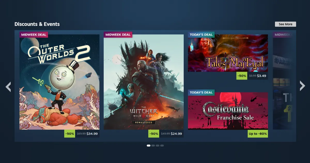 Steam's Discounts & Events carousel showing Midweek Deal and Today's Deal spots for four discounted games
