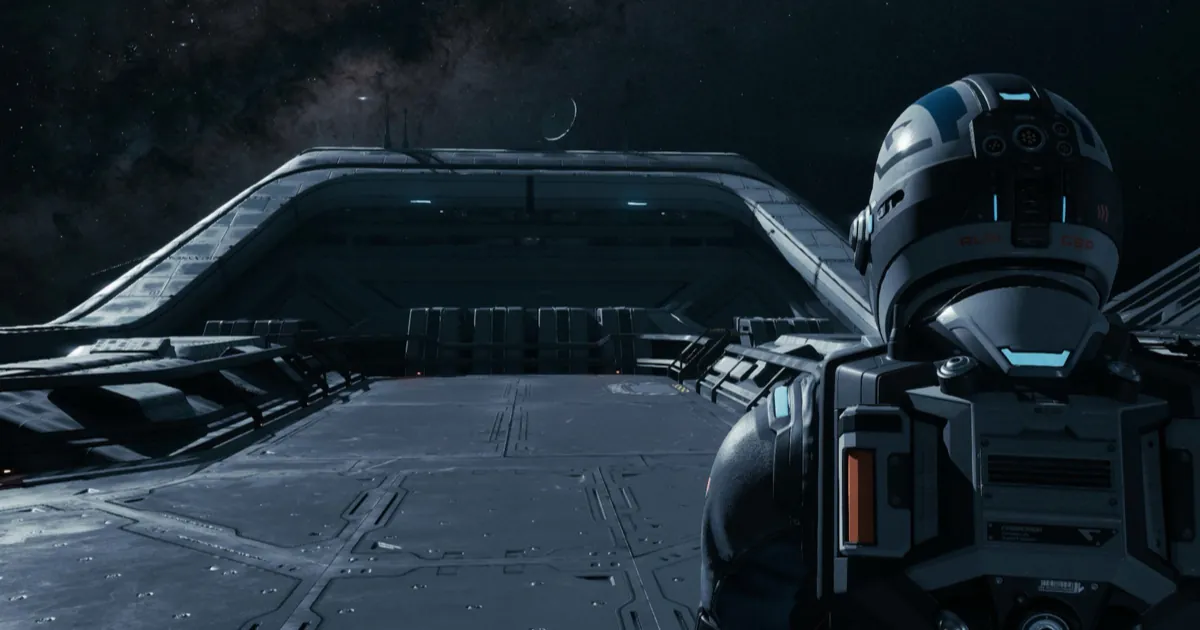 Directive 8020 screenshot of an astronaut in a white helmet looking across the hull of a spaceship under a starry sky
