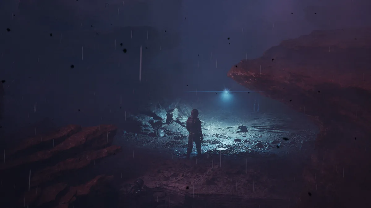 Directive 8020 screenshot of a crew member in a spacesuit standing in a dark, rainy rock cave lit by a single blue light