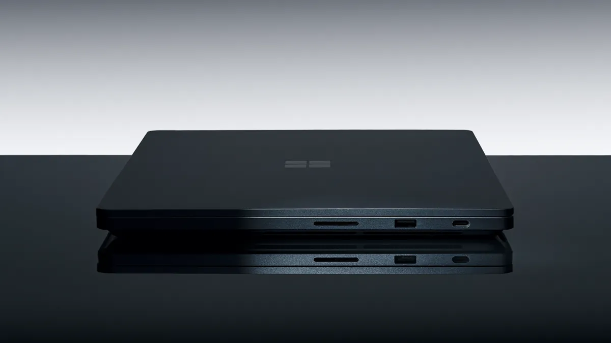 Closed Surface Laptop Ultra in a dark finish, showing an SD card slot, a USB-A port and a USB-C port on its side