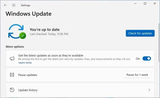 Windows 11 Windows Update settings page with the Get the latest updates as soon as they're available toggle on and a Check for updates button