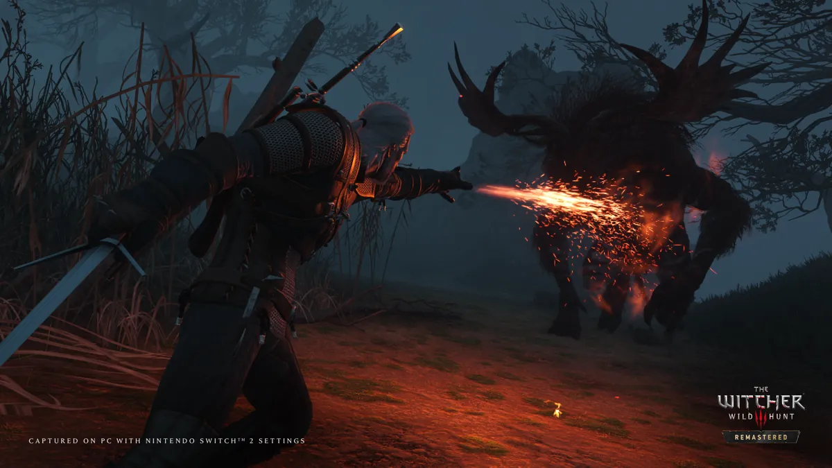 Geralt casting the fiery Igni sign at a leshen in a dark, misty forest