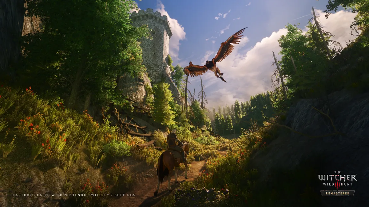 Geralt riding Roach along a forest path toward a ruined tower as a griffin flies overhead