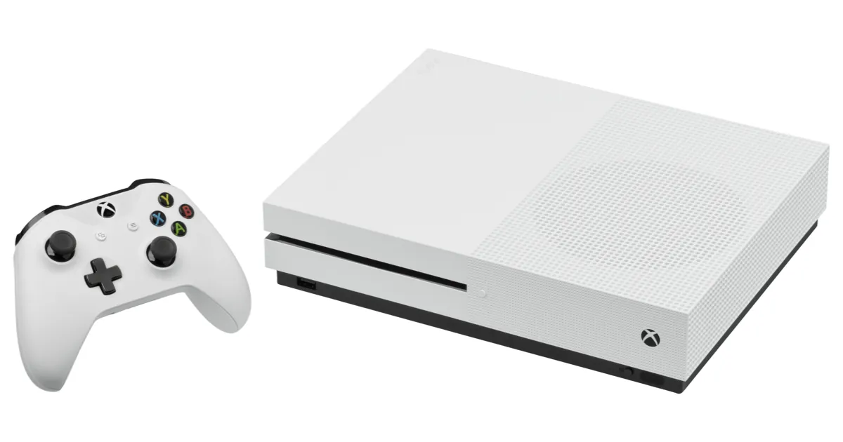 White Xbox One S console with its front disc slot, next to a white Xbox controller
