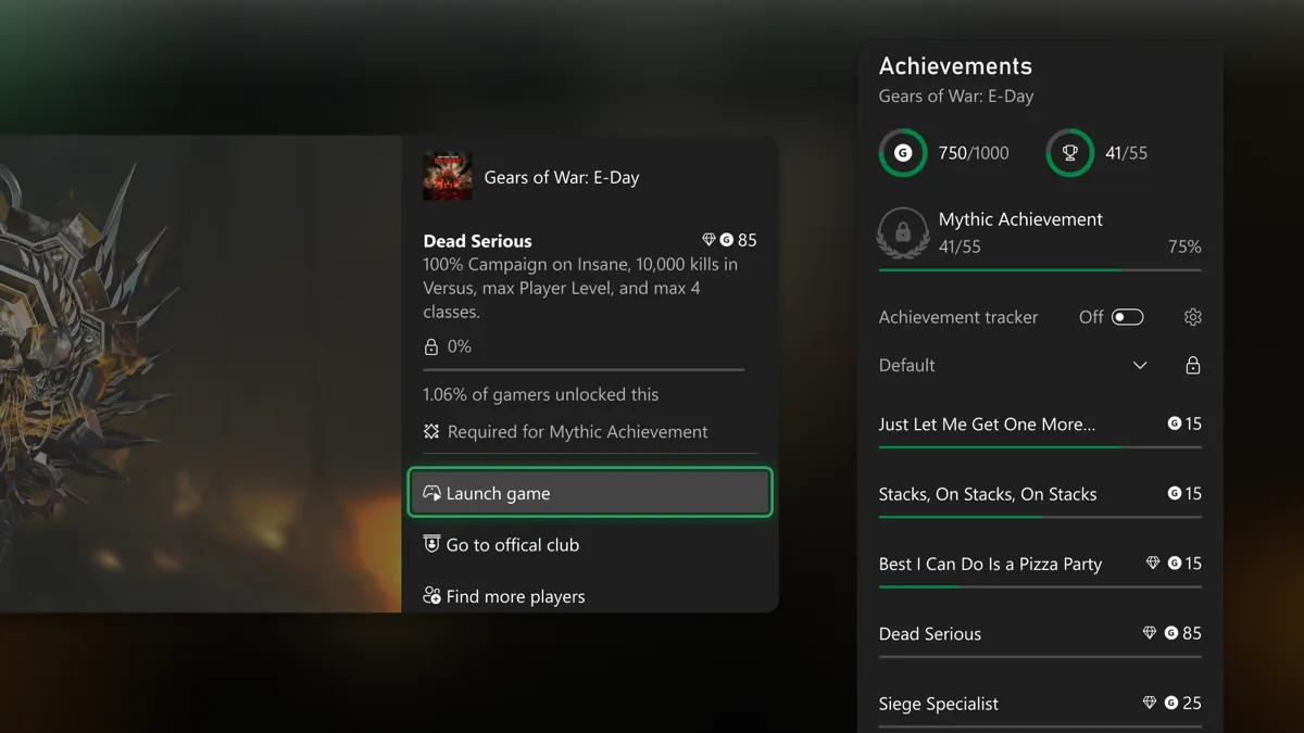 Xbox Guide panel showing Mythic Achievement progress at 41 of 55 achievements, 75 percent, with one achievement marked Required for Mythic Achievement