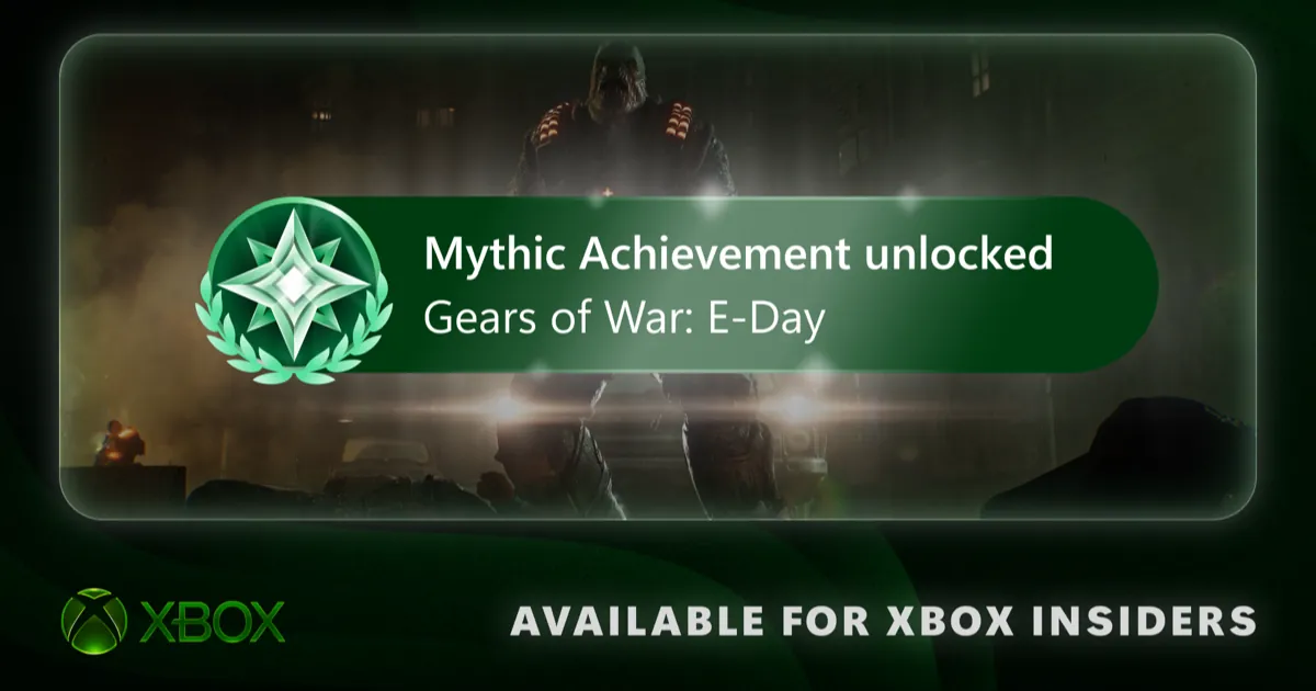 Xbox notification reading Mythic Achievement unlocked for Gears of War: E-Day, beside a green star badge