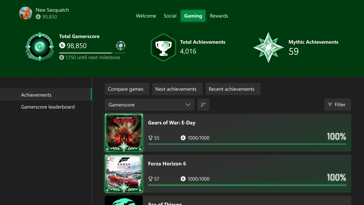 Xbox profile Gaming tab showing total Gamerscore, total achievements and a count of 59 Mythic Achievements above a list of completed games