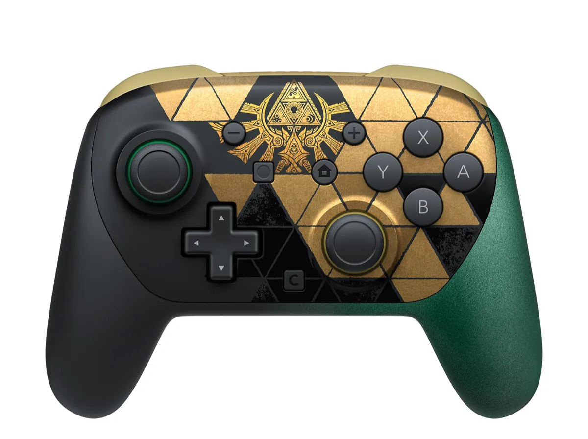 Nintendo Switch 2 Pro Controller 40th Anniversary Edition with a black left grip, a gold Triforce and Hyrule crest face and a green right grip